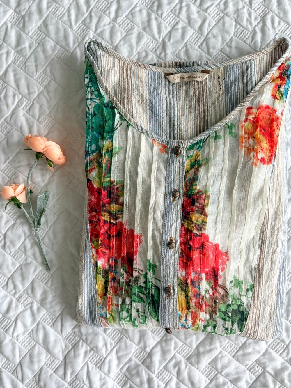 Soft Surroundings Crinkle Cotton Floral Striped Button Front Tunic Top M - Picture 12 of 12
